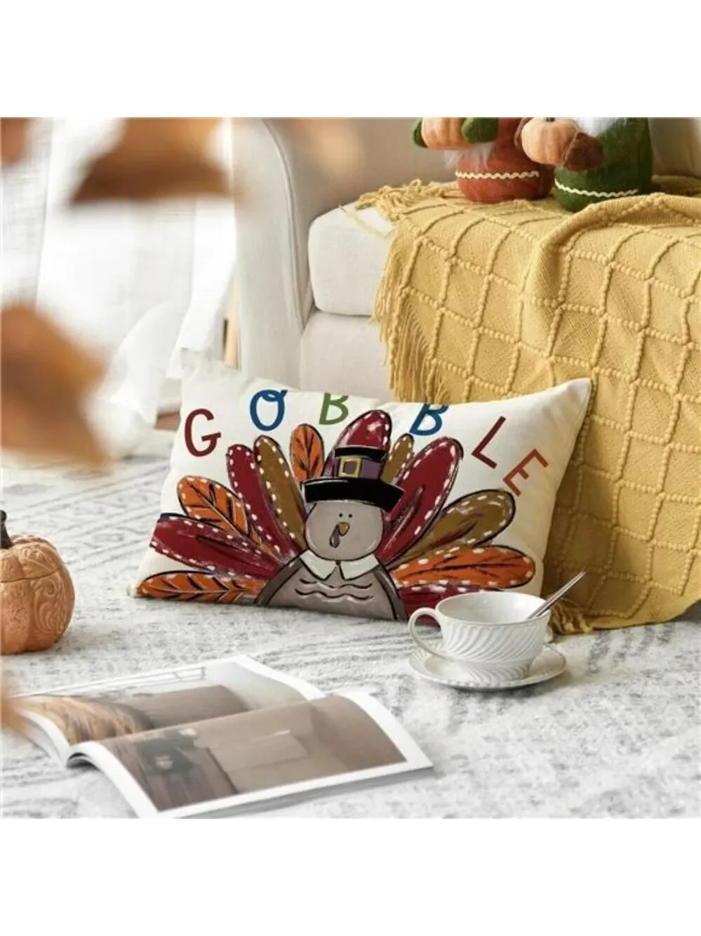 Thanksgiving Turkey Pillow Cover 12x20 Gobble Fall Cushion Case for Sofa Couch C